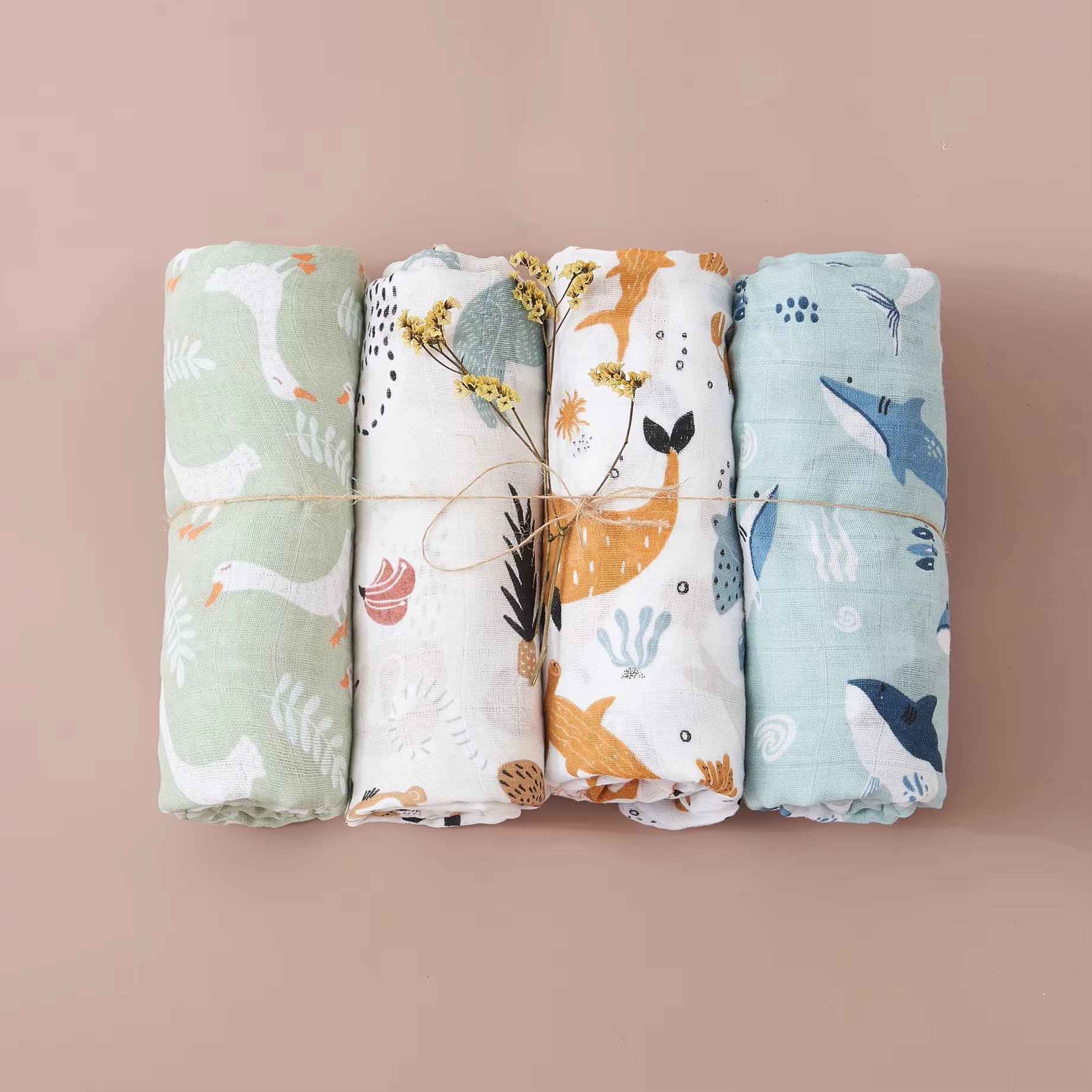 4PCS Gift Set Popular Digital Print Bamboo Cotton Muslin Swaddle Blankets 120*110Cm Newborn Baby Bath Towel Wrap