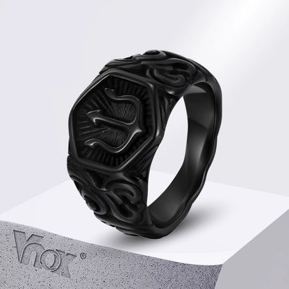 Black Tridant Signet Ring for Men, 13.3Mm Chunky Wide Hexagon Geometric Top Finger Band, Strength Power Symbol Jewelry