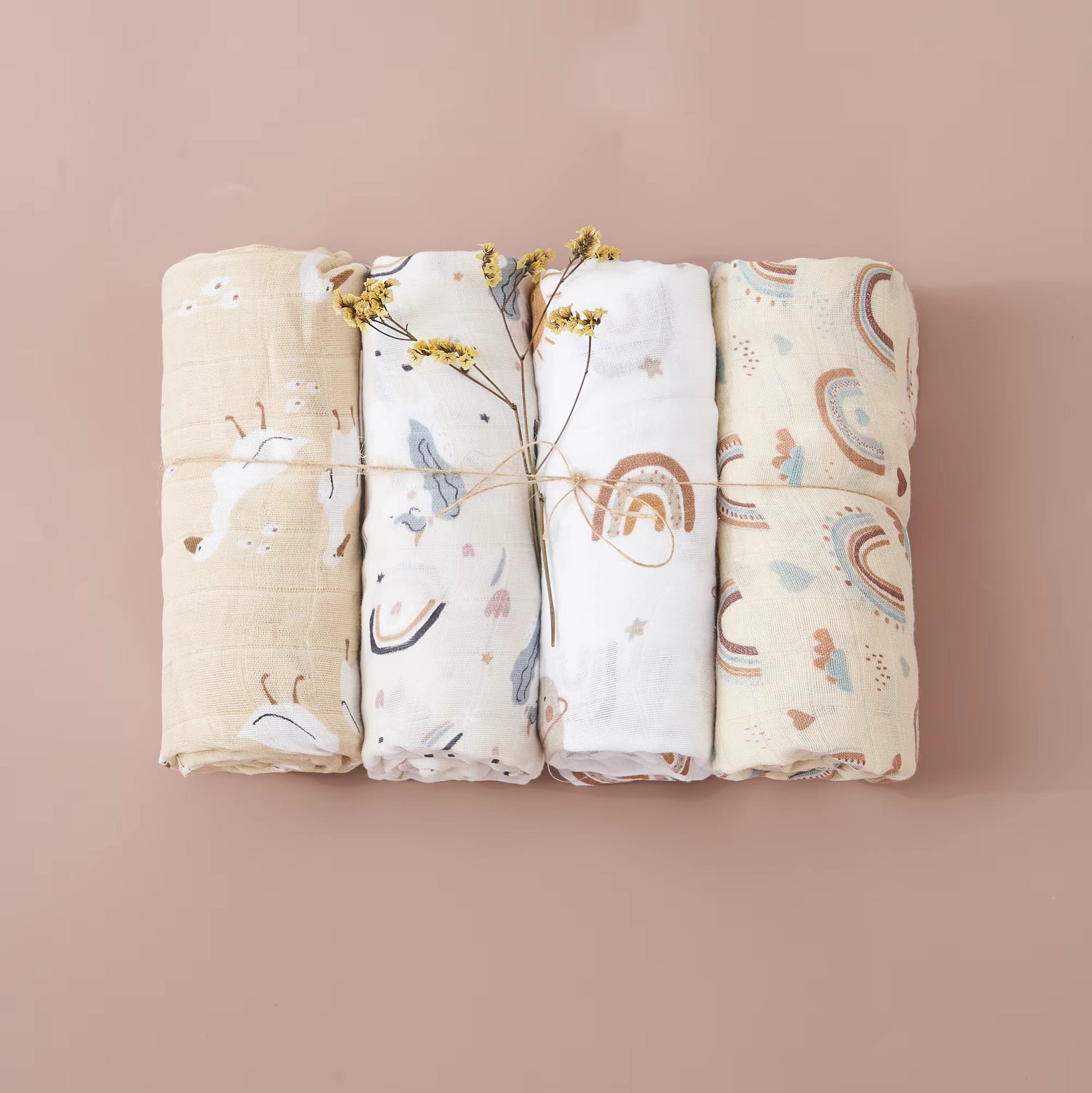 4PCS Gift Set Popular Digital Print Bamboo Cotton Muslin Swaddle Blankets 120*110Cm Newborn Baby Bath Towel Wrap