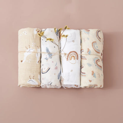 4PCS Gift Set Popular Digital Print Bamboo Cotton Muslin Swaddle Blankets 120*110Cm Newborn Baby Bath Towel Wrap
