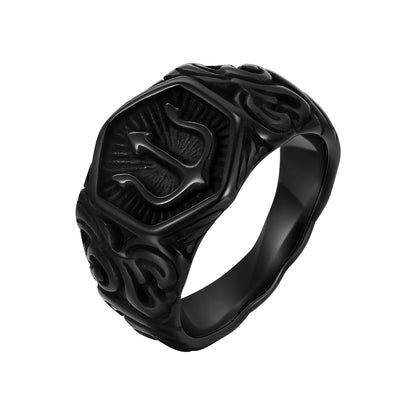 Black Tridant Signet Ring for Men, 13.3Mm Chunky Wide Hexagon Geometric Top Finger Band, Strength Power Symbol Jewelry