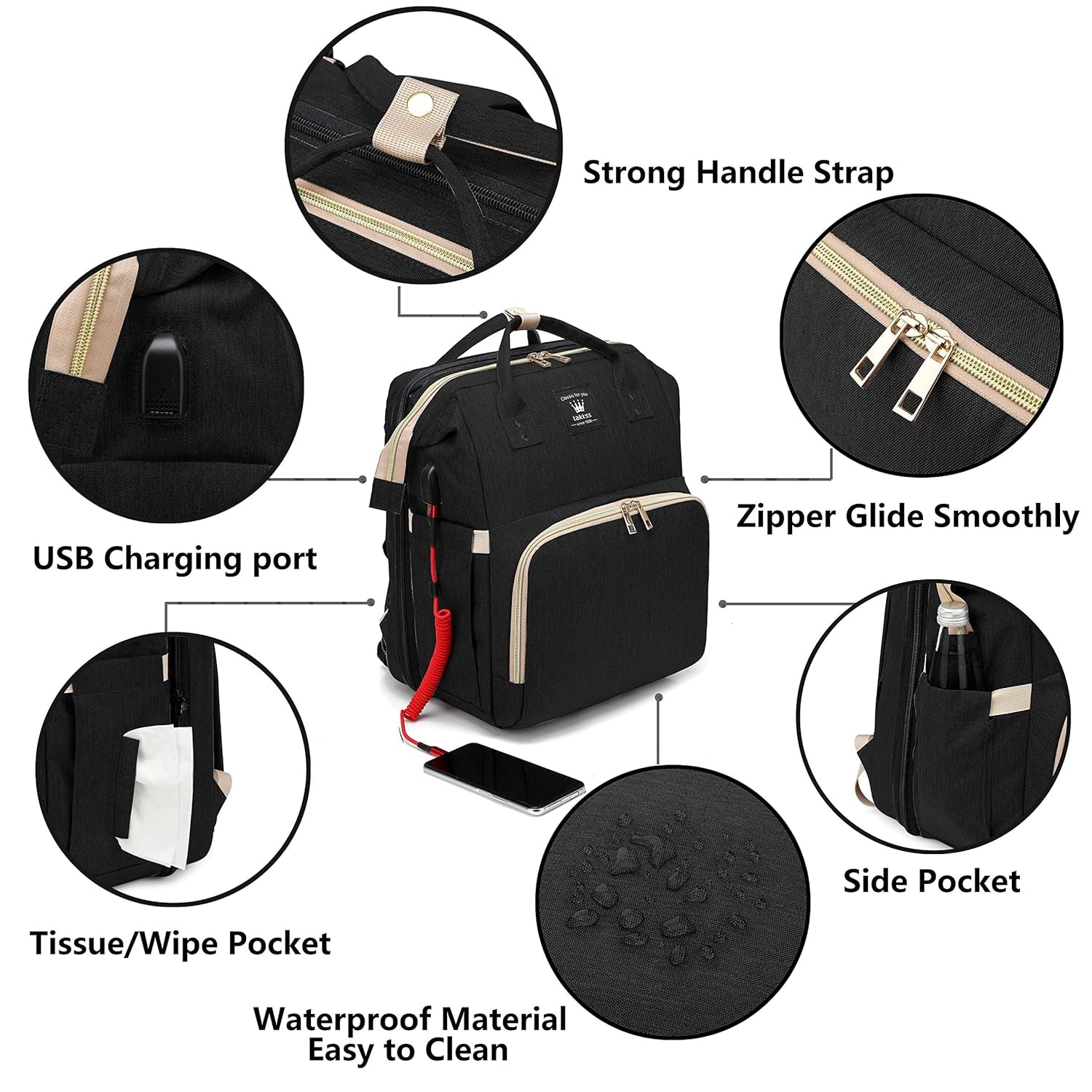 Diaper Bag Backpack, Baby Nappy Changing Bags Multifunctional Travel Backpack, Large Capacity, Waterproof, Sunshade, Built-In USB Charging Port Stylish Black