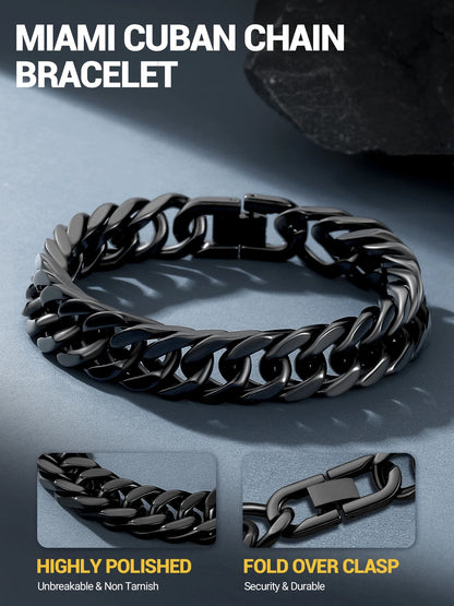 12Mm Cuban Chains Bracelets for Men Black Chunky Stainless Steel Franco Link Bracelet Father Day Hand Bracelet Jewelry Birthday Valentine Graduation Gifts 7.5 Inch