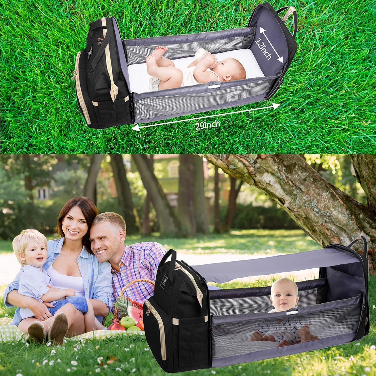 Diaper Bag Backpack, Baby Nappy Changing Bags Multifunctional Travel Backpack, Large Capacity, Waterproof, Sunshade, Built-In USB Charging Port Stylish Black