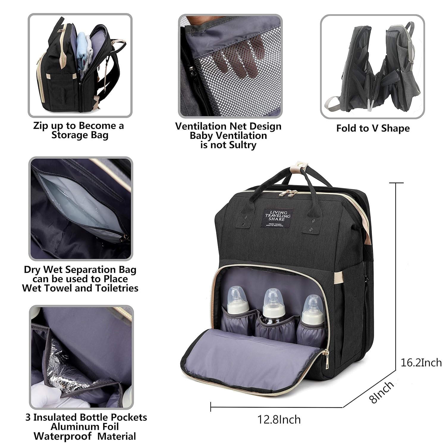 Diaper Bag Backpack, Baby Nappy Changing Bags Multifunctional Travel Backpack, Large Capacity, Waterproof, Sunshade, Built-In USB Charging Port Stylish Black