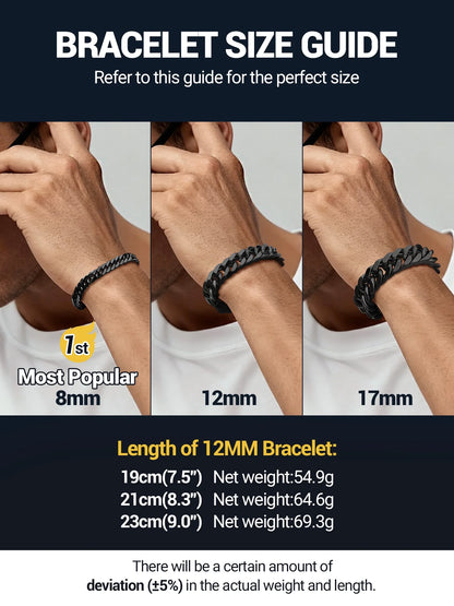 12Mm Cuban Chains Bracelets for Men Black Chunky Stainless Steel Franco Link Bracelet Father Day Hand Bracelet Jewelry Birthday Valentine Graduation Gifts 7.5 Inch