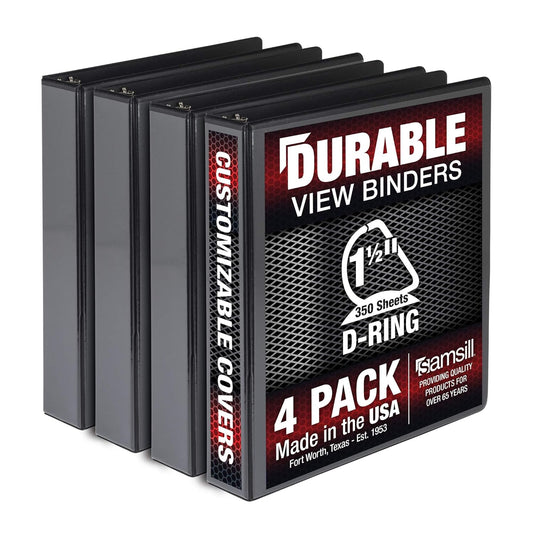 Durable 1.5 Inch 3 Ring Binder, Made in USA, D Ring Binder, FSC 100% Recycled Chipboard, Black, 4 Pack