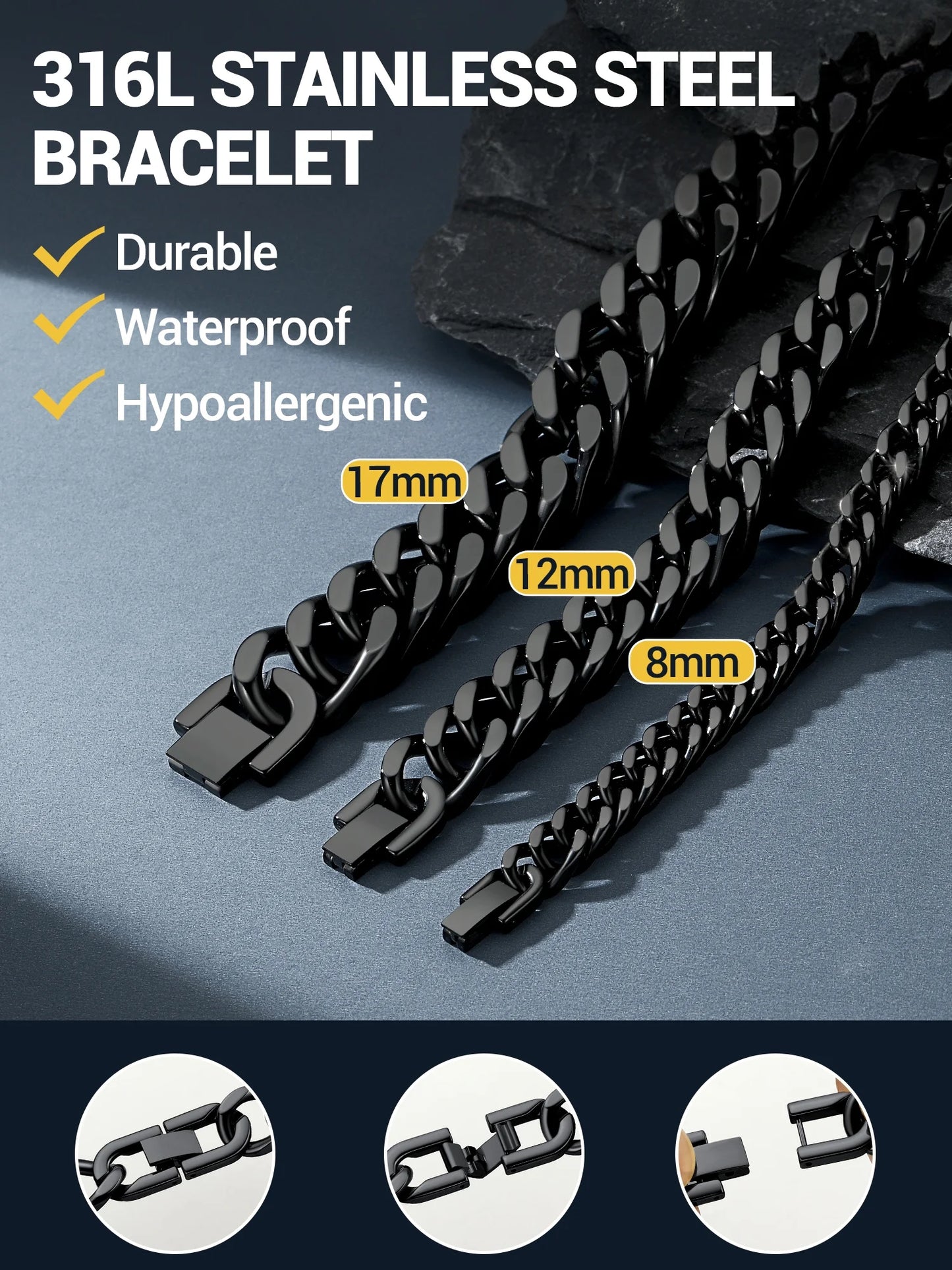 12Mm Cuban Chains Bracelets for Men Black Chunky Stainless Steel Franco Link Bracelet Father Day Hand Bracelet Jewelry Birthday Valentine Graduation Gifts 7.5 Inch