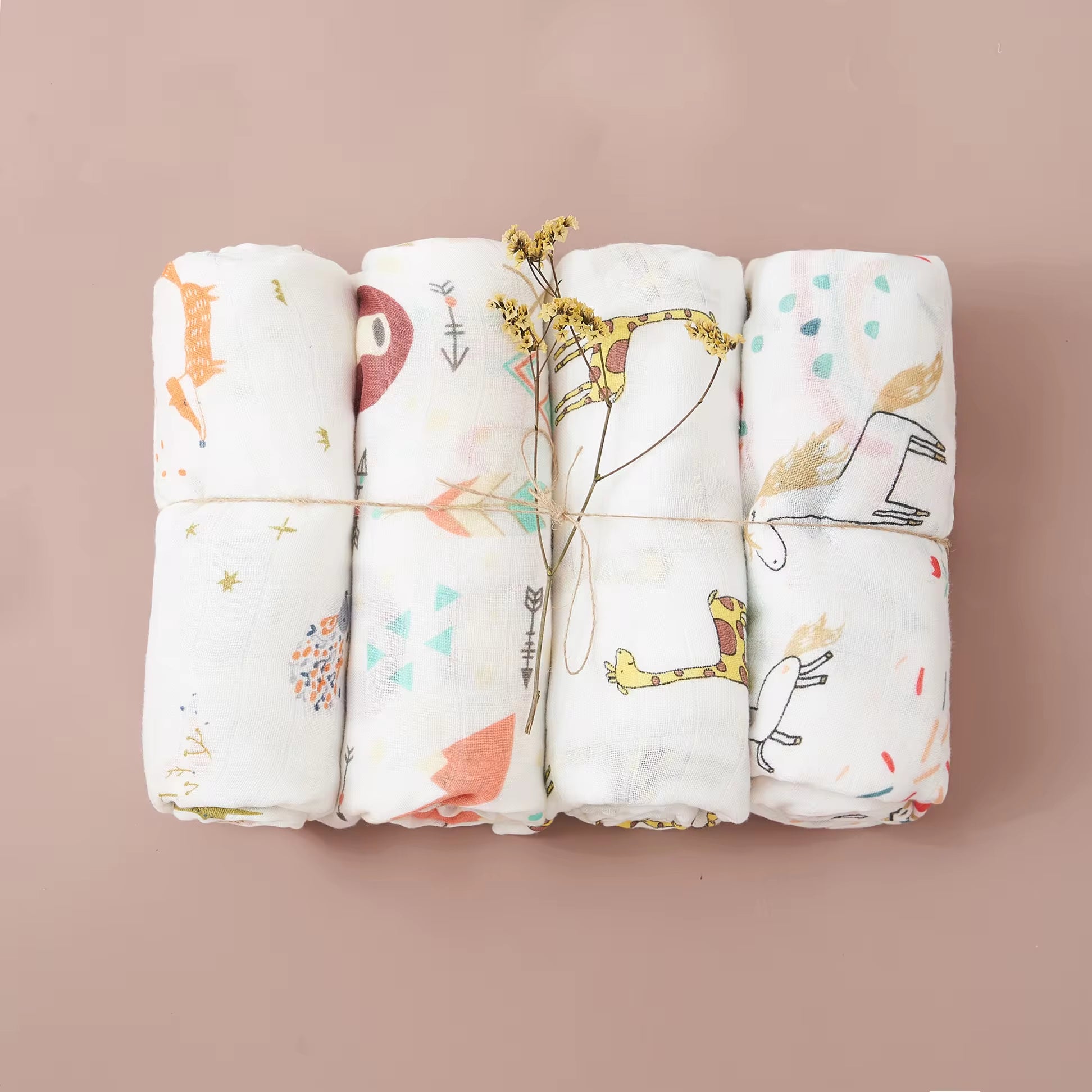 4PCS Gift Set Popular Digital Print Bamboo Cotton Muslin Swaddle Blankets 120*110Cm Newborn Baby Bath Towel Wrap