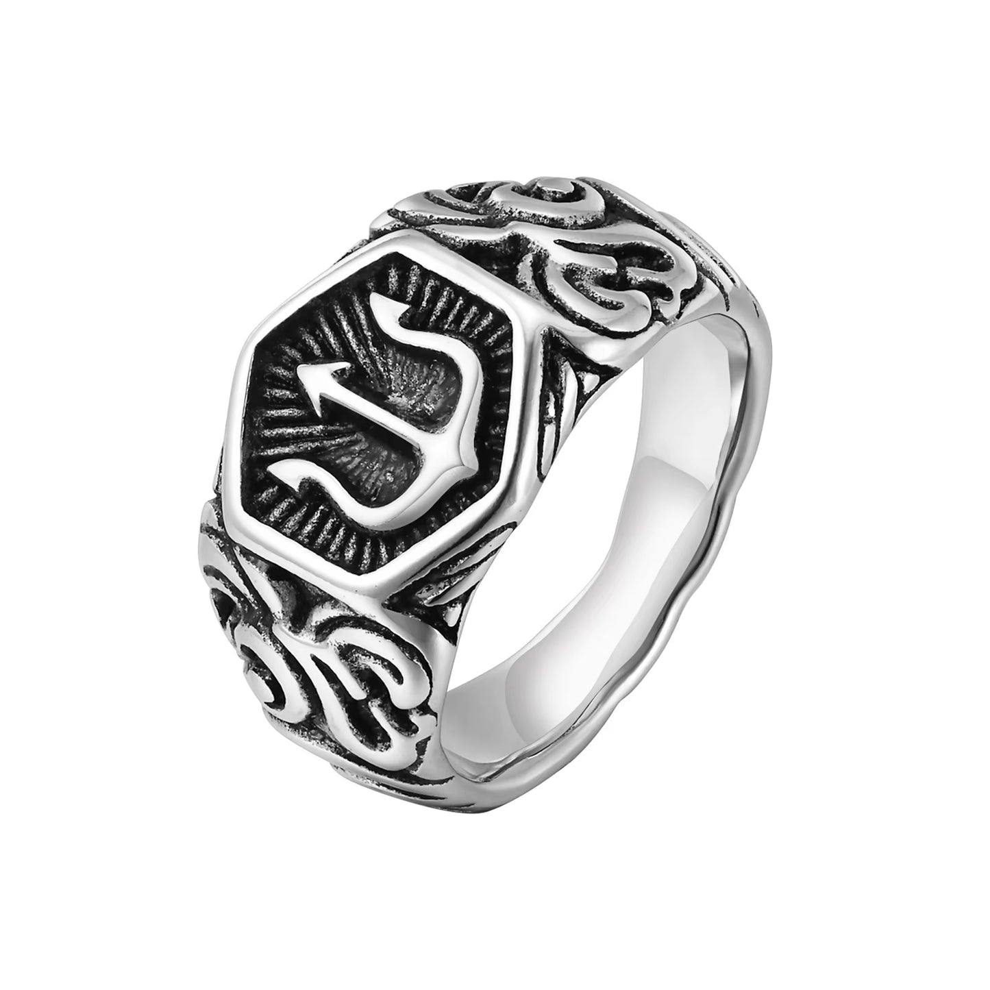 Black Tridant Signet Ring for Men, 13.3Mm Chunky Wide Hexagon Geometric Top Finger Band, Strength Power Symbol Jewelry