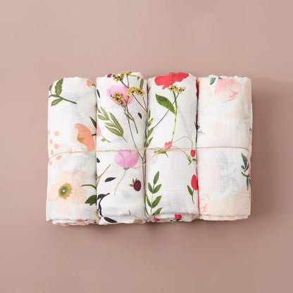 4PCS Gift Set Popular Digital Print Bamboo Cotton Muslin Swaddle Blankets 120*110Cm Newborn Baby Bath Towel Wrap